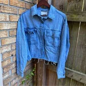 aerie Light Blue Denim Jacket Cropped Raw Edge